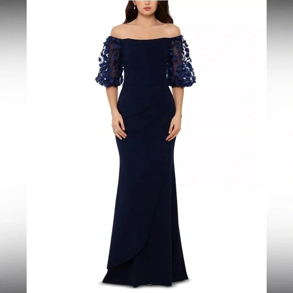 Xscape - Off-The-Shoulder Floral-Sleeve Gown - Navy Blue - Size 4P - EUC!! - Picture 1 of 16